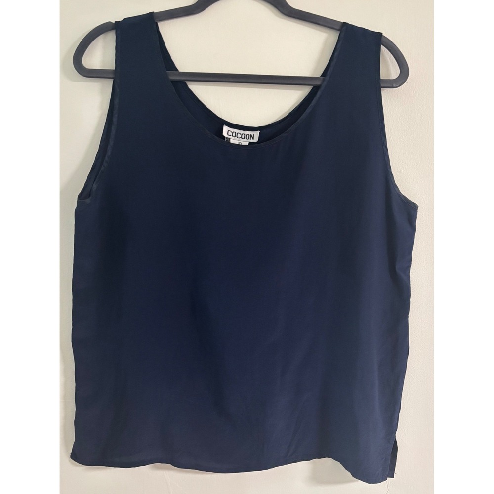 Navy Blue 100% Silk Scoop Neck Sleeveless Blouse Sz L Lagenlook, Capsule